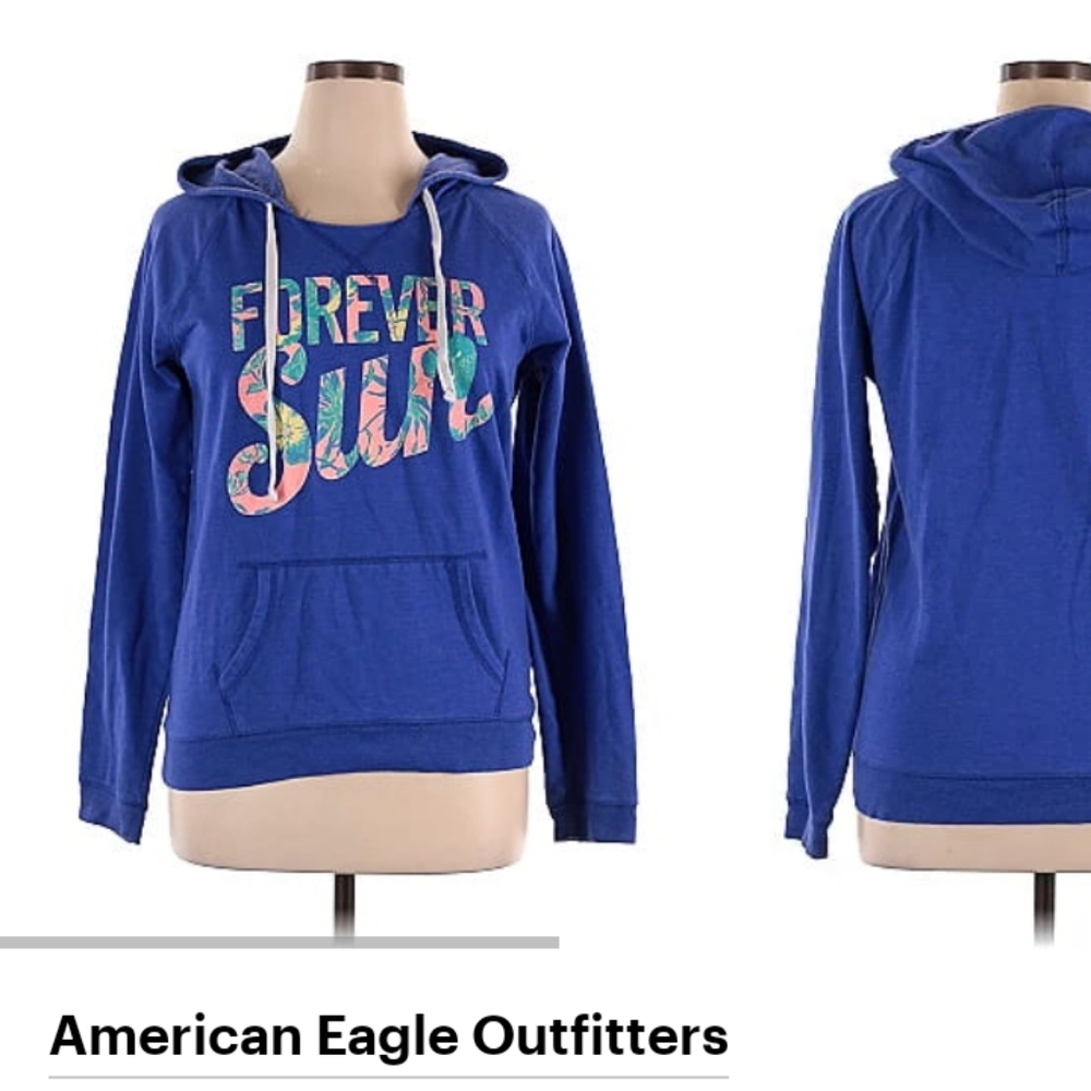 American Eagle Outfitters Pullover Hoodie Royal Blue & Graphic Design